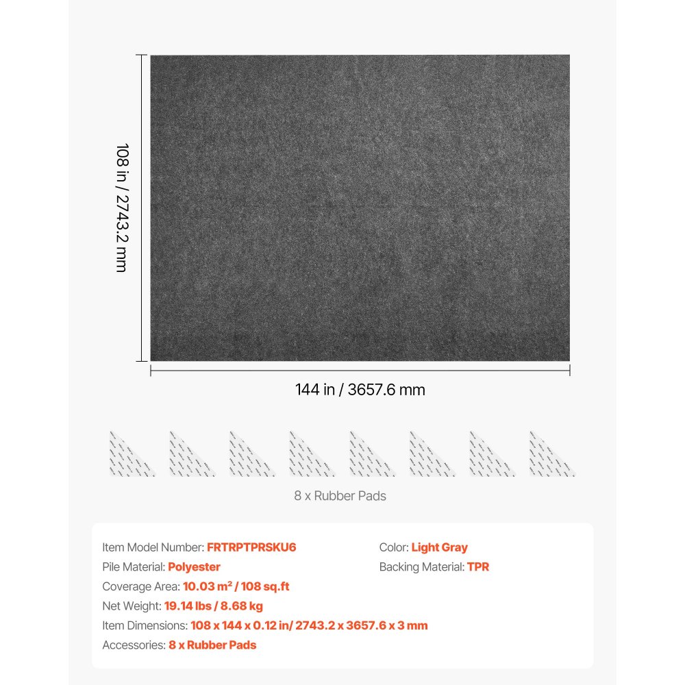 VEVOR Teppichunterlage, Antirutschmatte 2743,2 x 3657,6 x 3 mm, Teppichstopper Zuschneidbar aus Polyester & TPR mit Gummipad, Rutschfest & Wasserfest, Universal für Alle Böden, Schublade & Kofferraum