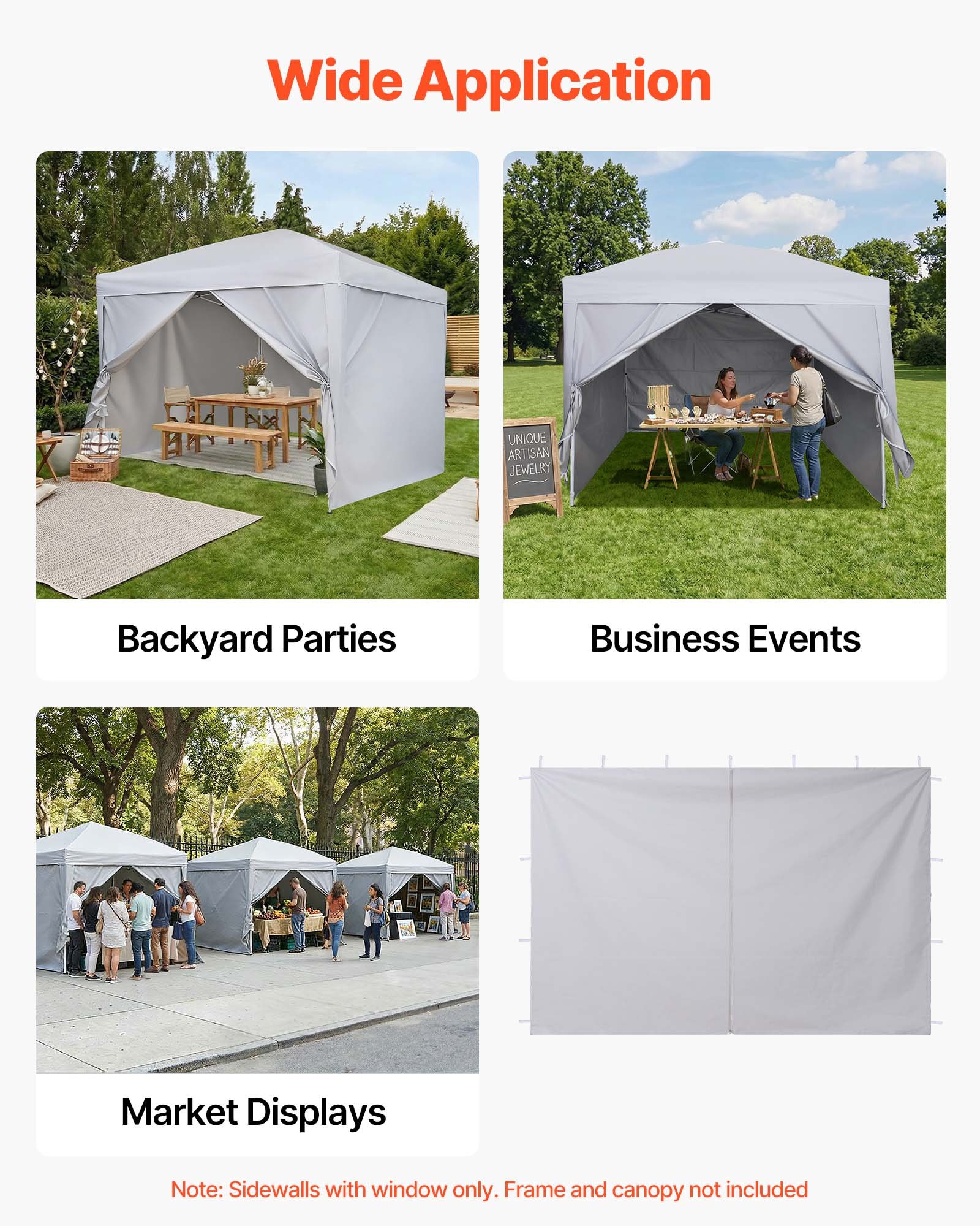 VEVOR 4x Seitenwände für Pavillon, Seitenteile für 3 x 3 m Faltpavillon, Wasserfeste Seitenplanen mit Sonnenschutz PU-Beschichtung, Seitenwand mit Reißverschlusstür für Outdoor-Events Camping, Weiß