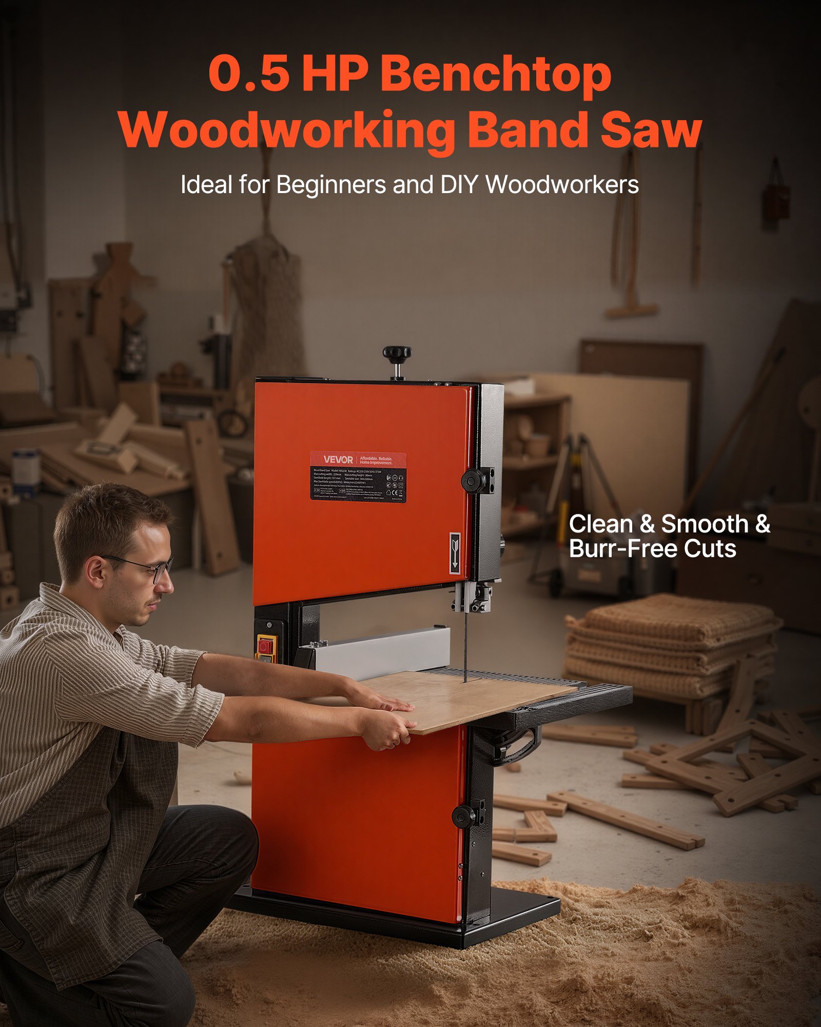 VEVOR Bandsäge, 229 mm, Holzbandsäge mit 373-W-Motor (1/2 PS), 90 mm Schnitthöhe, 300x300 mm Alu-Gusstisch, mit 360°-Arbeitsleuchte, Gehrungsanschlag, Parallelanschlag, für die Holzbearbeitung