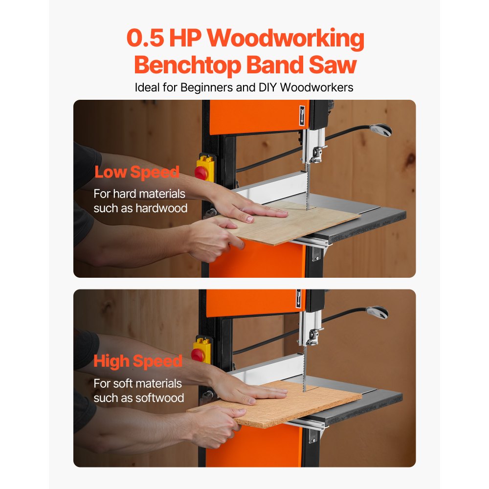VEVOR Bandsäge, Schnittbreite 254 mm, Zweigang-Holzbandsäge mit 373-W-Motor (1/2 PS), Schnitthöhe 160 mm, 335x340 mm Gusseisentisch, mit 360°-Arbeitsleuchte, Gehrungsanschlag, Parallelanschlag
