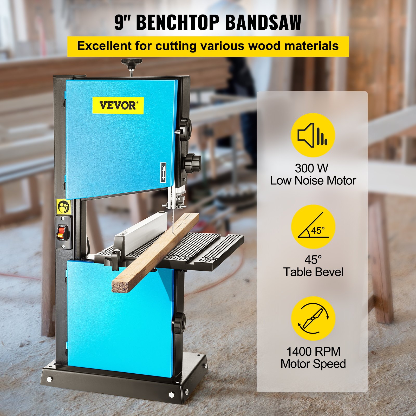 VEVOR Bandsäge 9 Zoll, Tischbandsäge 2,5 Ampere, Anschlag Bandsäge Aluminiumguss, Holzbandsägemaschine Holz 0 - 45°, Holzbandsäge 220 V Schnitttiefe 3,5" / 90 mm Schnittbreite 9" / 229 mm