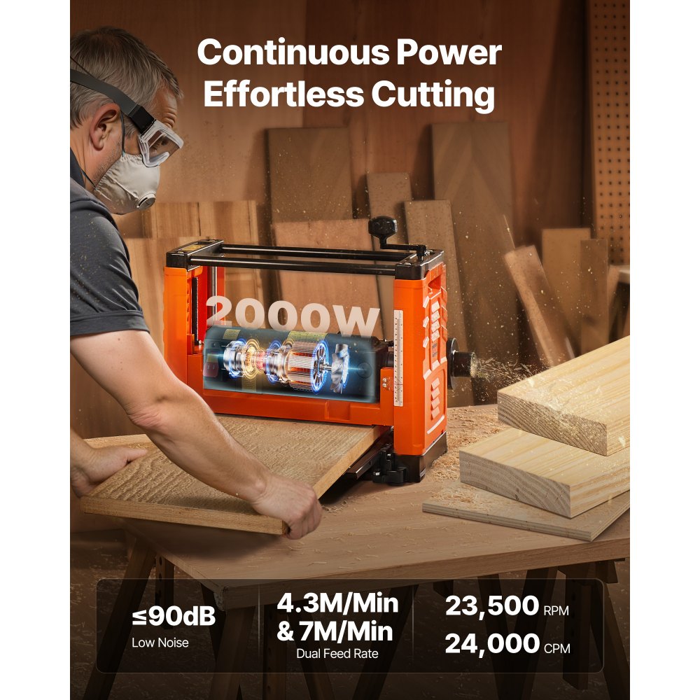 VEVOR Dickenhobel, 2 Gang, 330 mm breiter Arbeitstisch, Hobelmaschine, drei Klingen, 2000 W, 23500 U/min, leistungsstarker Motor, Doppelrollen, Überrollschutz, Holzbearbeitung für Hart- & Weichholz