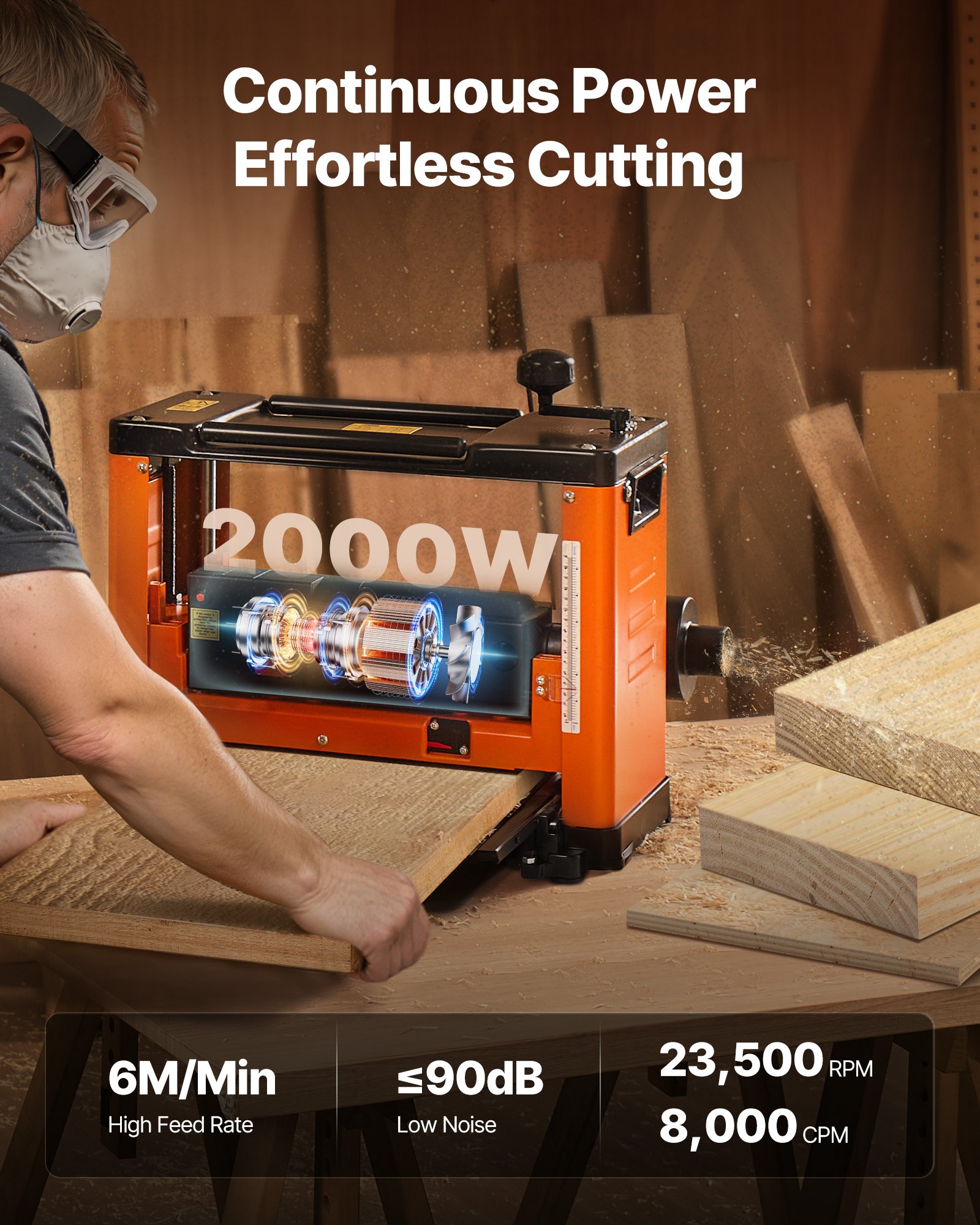 VEVOR Dickenhobel, 330 mm breiter Arbeitstisch, Hobelmaschine für die Holzbearbeitung, Spiralmesserkopf mit 24 Einsätzen, 2000-W-Motor mit 23.500 U/min, Einzelgeschwindigkeit, für Hart- & Weichholz