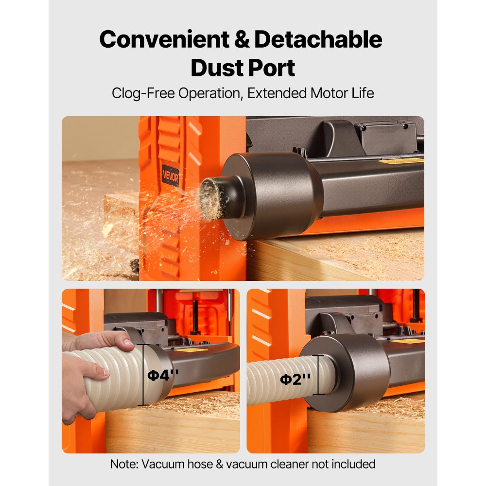 VEVOR Dickenhobel, Zwei-Blatt, 330 mm breiter Arbeitstisch, Hobelmaschine, 1800 W, Hobel, 23500 U/min, Doppelrollen, Überrollschutz, Holzbearbeitung mit Einzelgeschwindigkeit, für Hart- & Weichholz