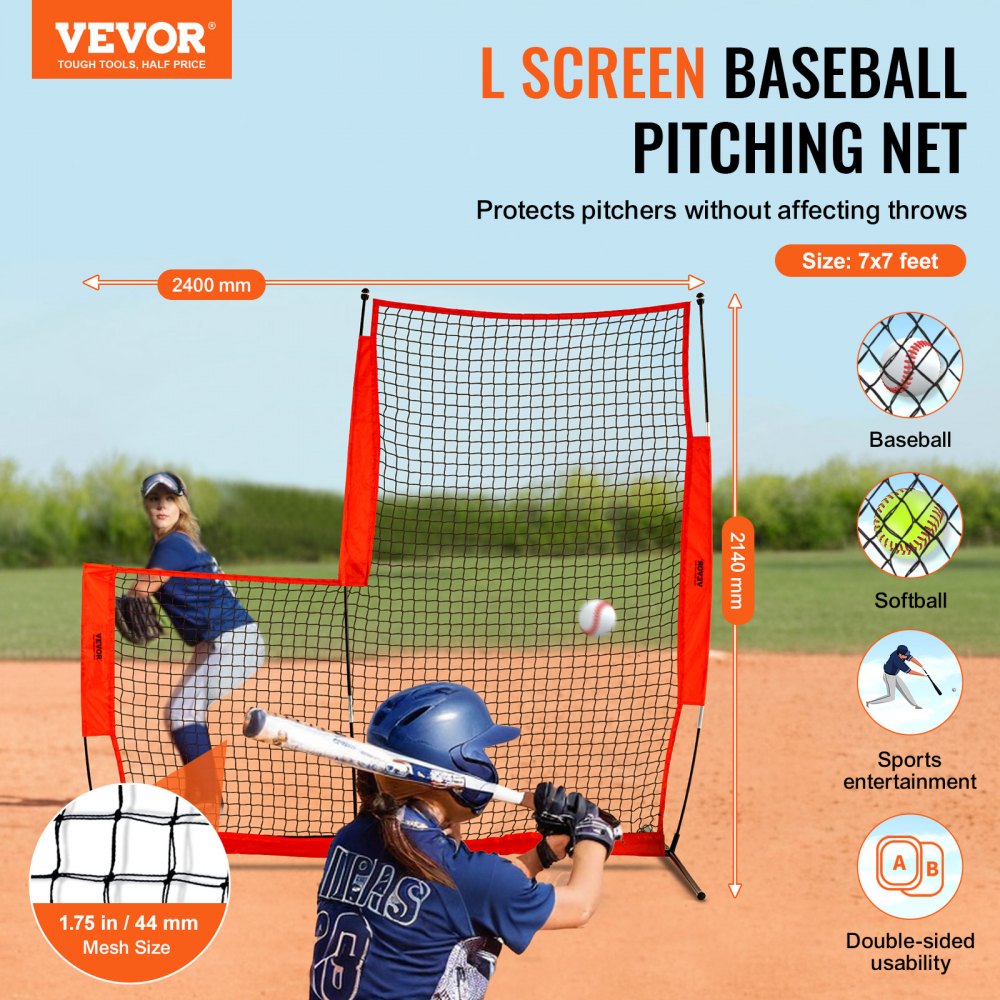 VEVOR L-Typ für Schlägerkäfig 240 x 106 x 214 cm Baseball- und Softball-Sicherheitsschirm Körperschutz Tragbarer Schlagschirm mit Tragetasche & Bodenpfählen, Outdoor Baseball-Pitching-Netz Rot