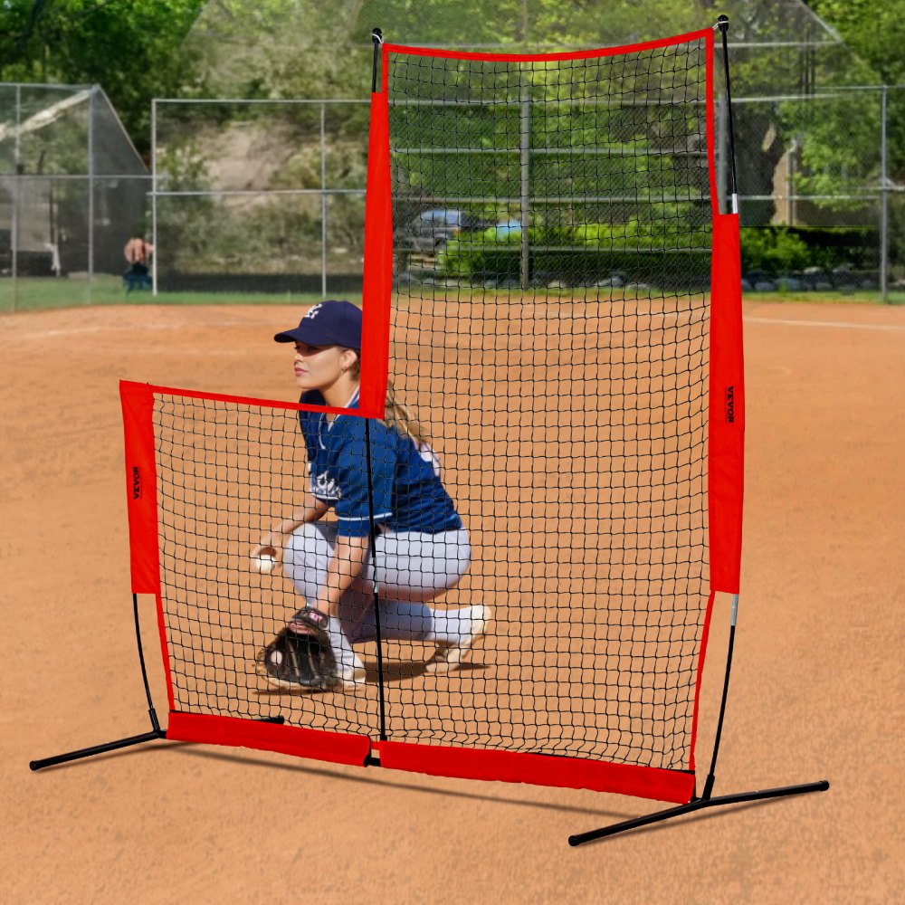 VEVOR L-Typ für Schlägerkäfig 240 x 106 x 214 cm Baseball- und Softball-Sicherheitsschirm Körperschutz Tragbarer Schlagschirm mit Tragetasche & Bodenpfählen, Outdoor Baseball-Pitching-Netz Rot