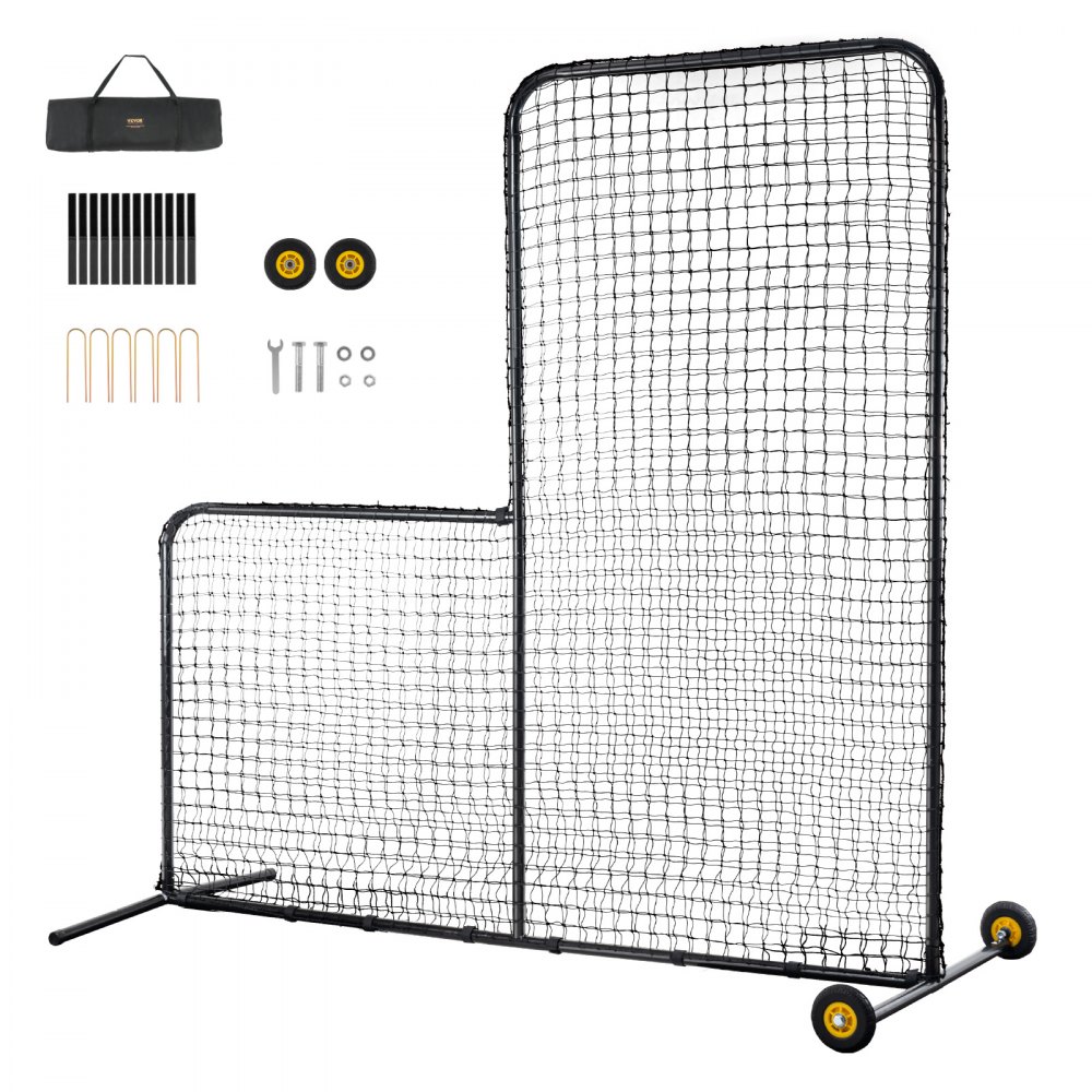 VEVOR L-Typ für Schlägerkäfig 213 x 106 x 213 cm Baseball- und Softball-Sicherheitsschirm Körperschutz Tragbarer Schlagschirm mit Körperschutz & Tragetasche & Rädern, Softball-Pitching-Netz Schwarz