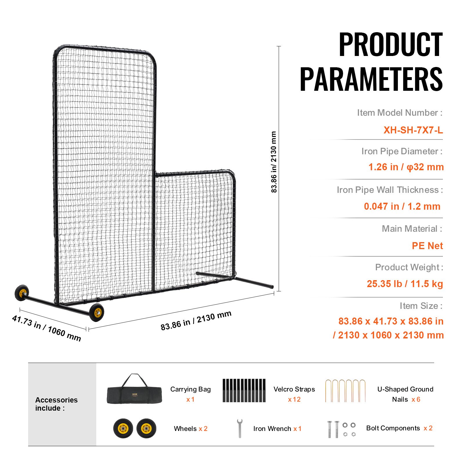 VEVOR L-Typ für Schlägerkäfig 213 x 106 x 213 cm Baseball- und Softball-Sicherheitsschirm Körperschutz Tragbarer Schlagschirm mit Körperschutz & Tragetasche & Rädern, Softball-Pitching-Netz Schwarz