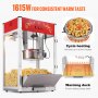 VEVOR Popcornmaschine Popcornautomat Popcorngerät 1615 W, 16 oz Kessel Popcornmaschine mit großem Fassungsvermögen für die Arbeitsplatte mit gehärtetem Glas, inklusive 3 Edelstahlschaufeln Kino-Stil