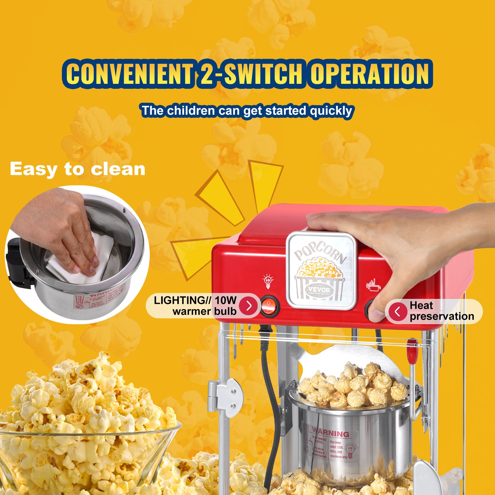 VEVOR Popcornmaschine, 300 W Popcornmaschine, 2,5 oz Kessel macht 4 QT pro Ladung, Tisch-Popcornmaschine mit PP-Tür, inkl. 2 Schaufeln und Tablett, Kino-Stil, rot