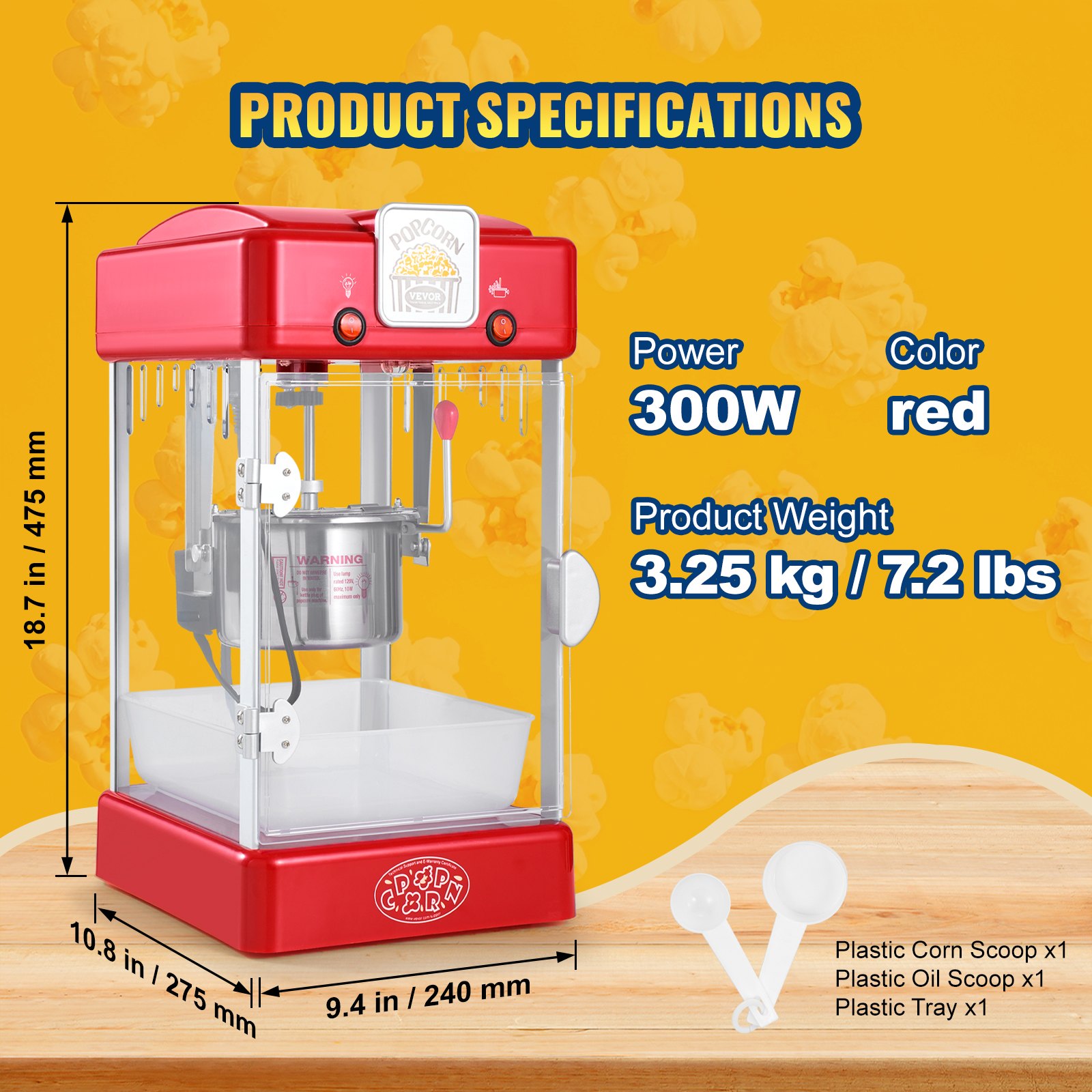 VEVOR Popcornmaschine, 300 W Popcornmaschine, 2,5 oz Kessel macht 4 QT pro Ladung, Tisch-Popcornmaschine mit PP-Tür, inkl. 2 Schaufeln und Tablett, Kino-Stil, rot