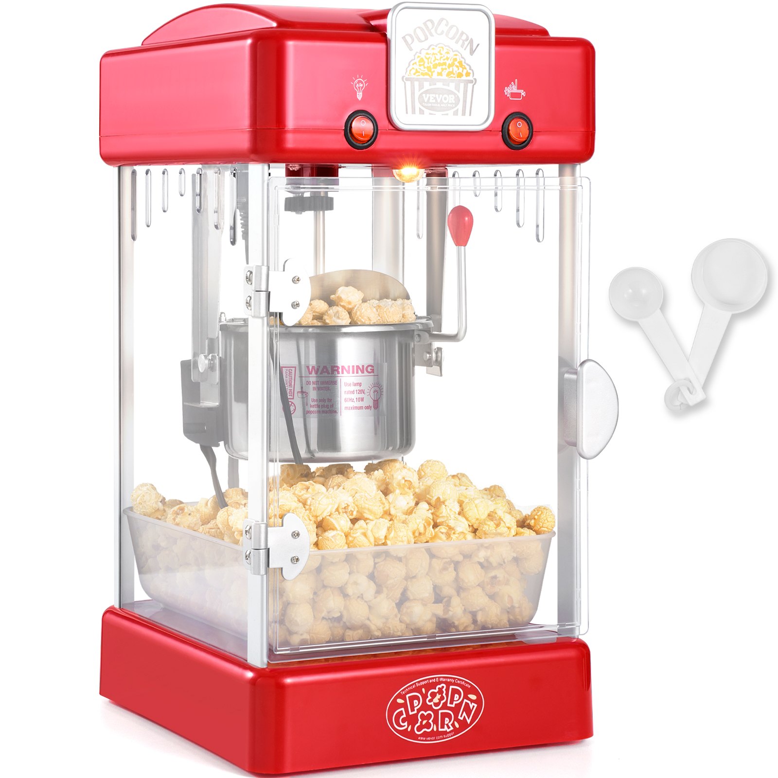 VEVOR Popcornmaschine, 300 W Popcornmaschine, 2,5 oz Kessel macht 4 QT pro Ladung, Tisch-Popcornmaschine mit PP-Tür, inkl. 2 Schaufeln und Tablett, Kino-Stil, rot