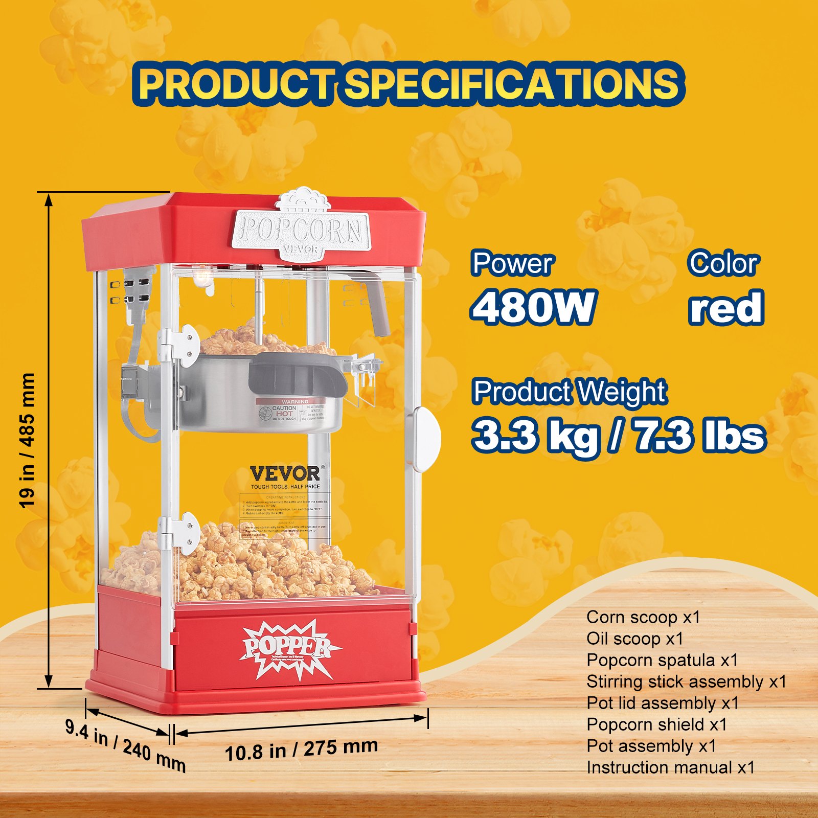 VEVOR Popcornmaschine Popcorn Maker 480 W Popcornautomat Popcorngerät 4 oz Kessel ergibt 1,5 Gal pro Ladung, Tisch-Popcornmaschine inkl. 3 Schaufeln, Popcornmaschine mit Kino-Stil Rot Café