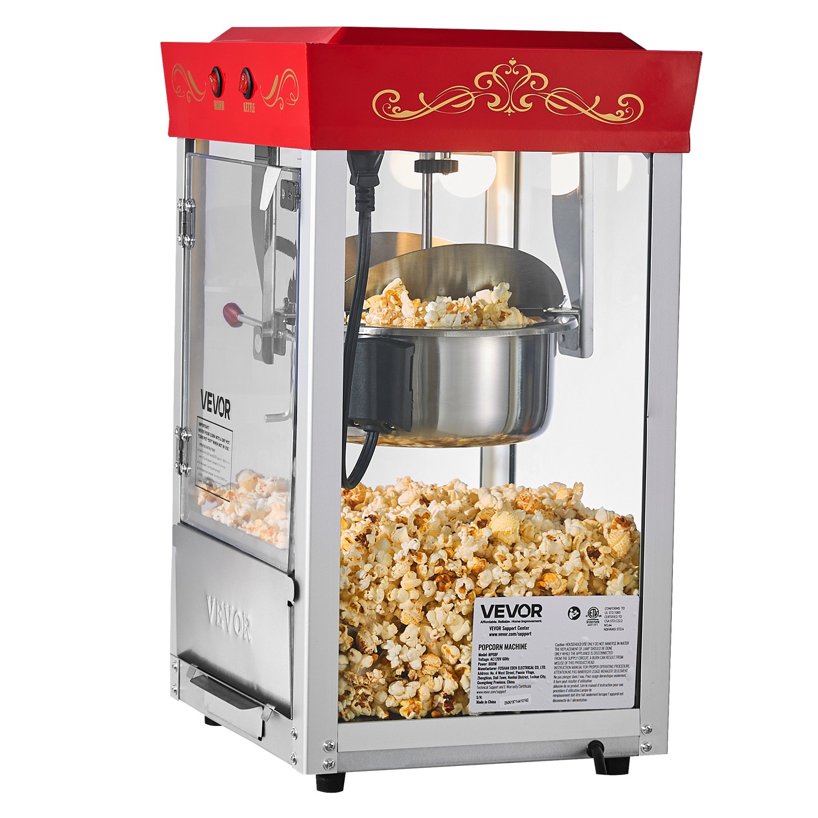 VEVOR Popcornmaschine mit Edelstahlkessel, 800 W kommerzieller Popcornmaker, 48 Tassen pro Ladung, Kinostil, mit 2-Tasten-Bedienung, Glaswand, PC-Tür, 1 Portionierer, 3 Löffel, Rot