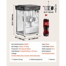 VEVOR Popcornmaschine mit Edelstahlkessel, 800 W kommerzieller Popcornmaker, 48 Tassen pro Ladung, Kinostil, mit 2-Tasten-Bedienung, Glaswand, PC-Tür, 1 Portionierer, 3 Löffel, Schwarz
