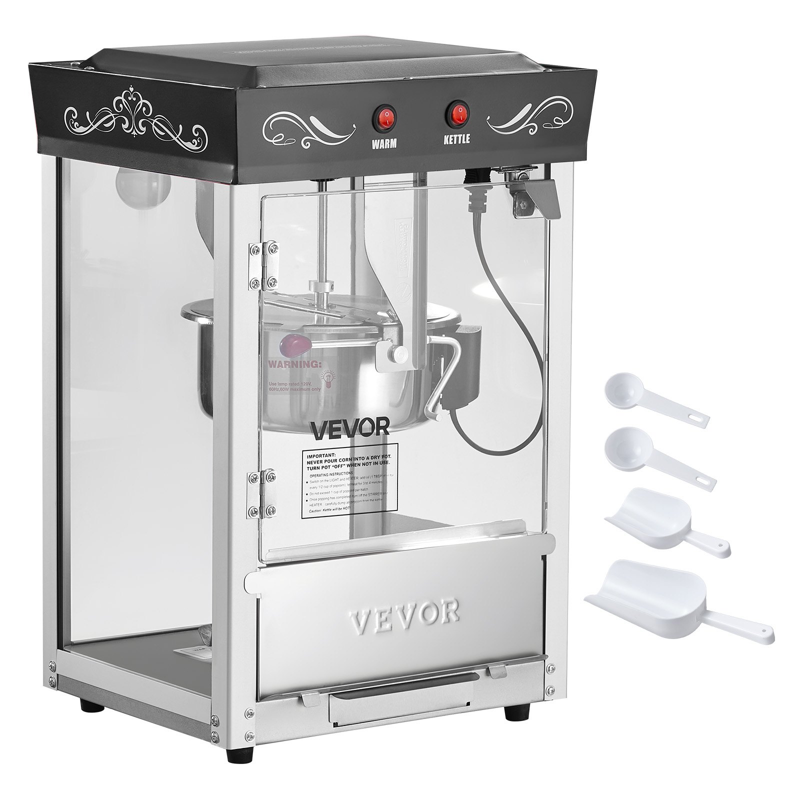 VEVOR Popcornmaschine mit Edelstahlkessel, 800 W kommerzieller Popcornmaker, 48 Tassen pro Ladung, Kinostil, mit 2-Tasten-Bedienung, Glaswand, PC-Tür, 1 Portionierer, 3 Löffel, Schwarz