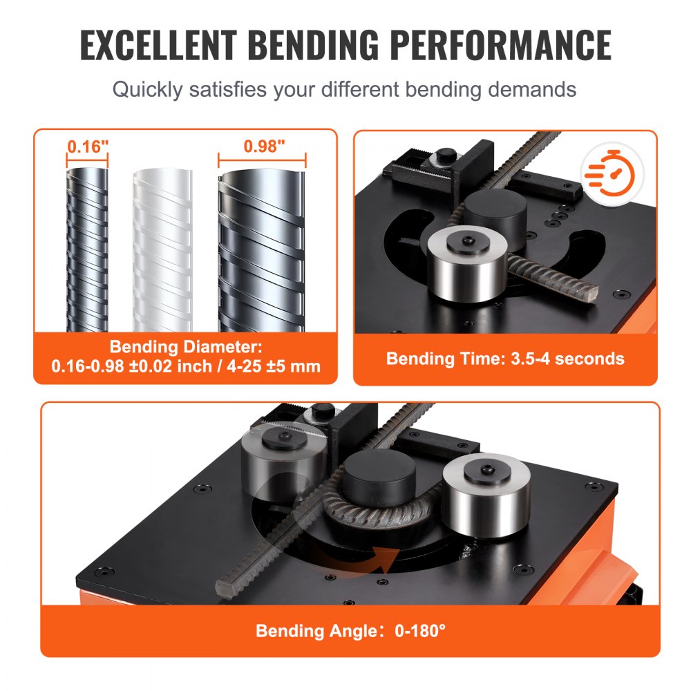 VEVOR Elektrischer Bewehrungsbieger für die Werkbank, 1700 W Hydraulische elektrische Bewehrungsbiegemaschine, 3 Biegewinkel bis zu 4–25 mm innerhalb von 4 Sekunden, Bewehrungsstahlbieger mit Zubehör