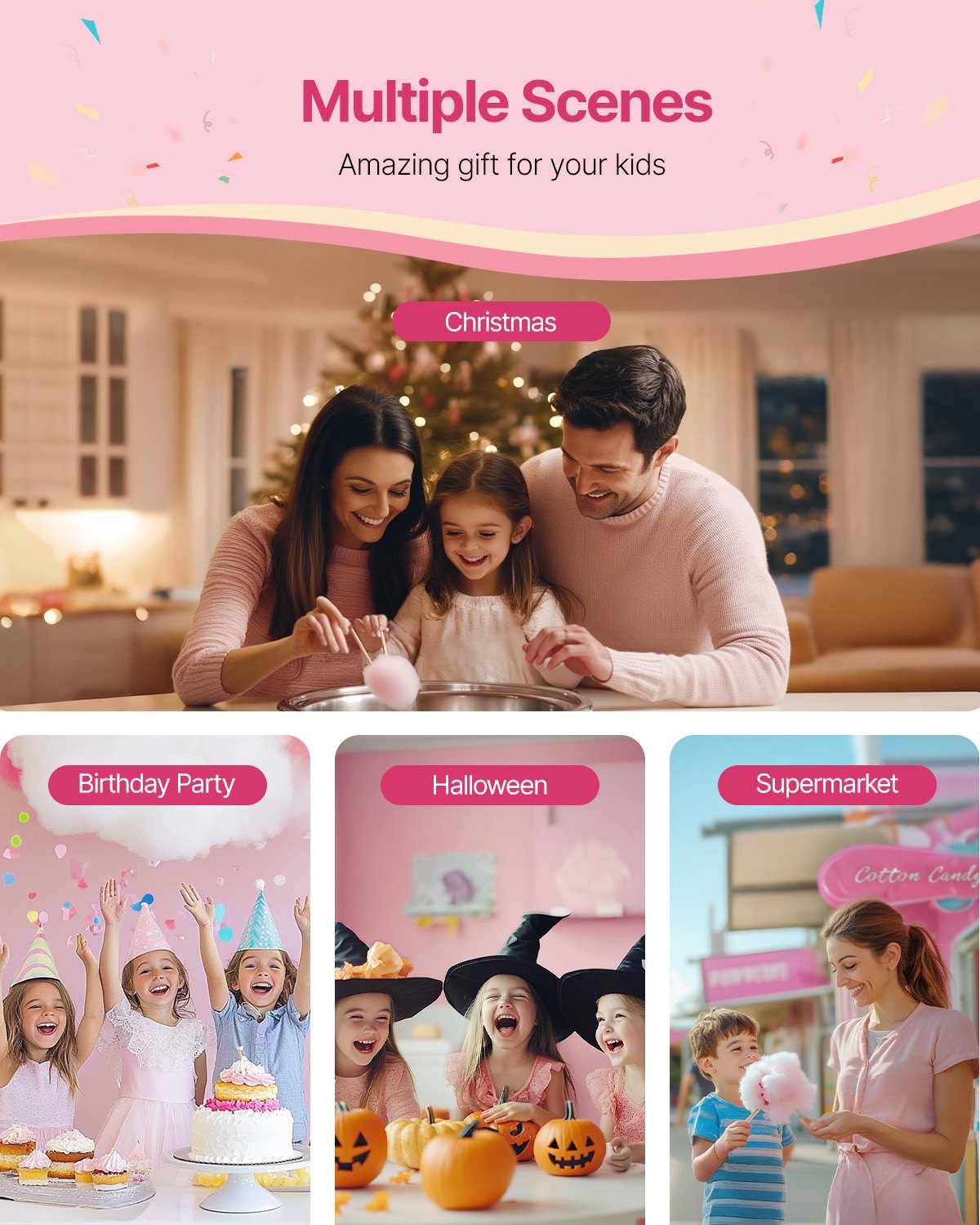 VEVOR elektrische Zuckerwattemaschine kommerzielle Zuckerwattegeräte (1000 W) mit 52 cm Edelstahlschüssel & Zuckerlöffel & Schublade, perfekt für Kindergeburtstage Familienfeiern Partys Rosa