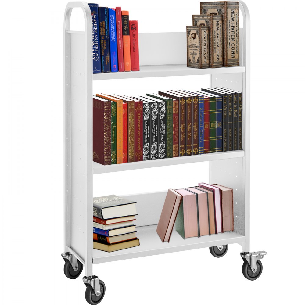 Bücherwagen, Bibliothekswagen, 200 Pfund, mit einseitigen, L-förmigen, schrägen Regalen in Weiß