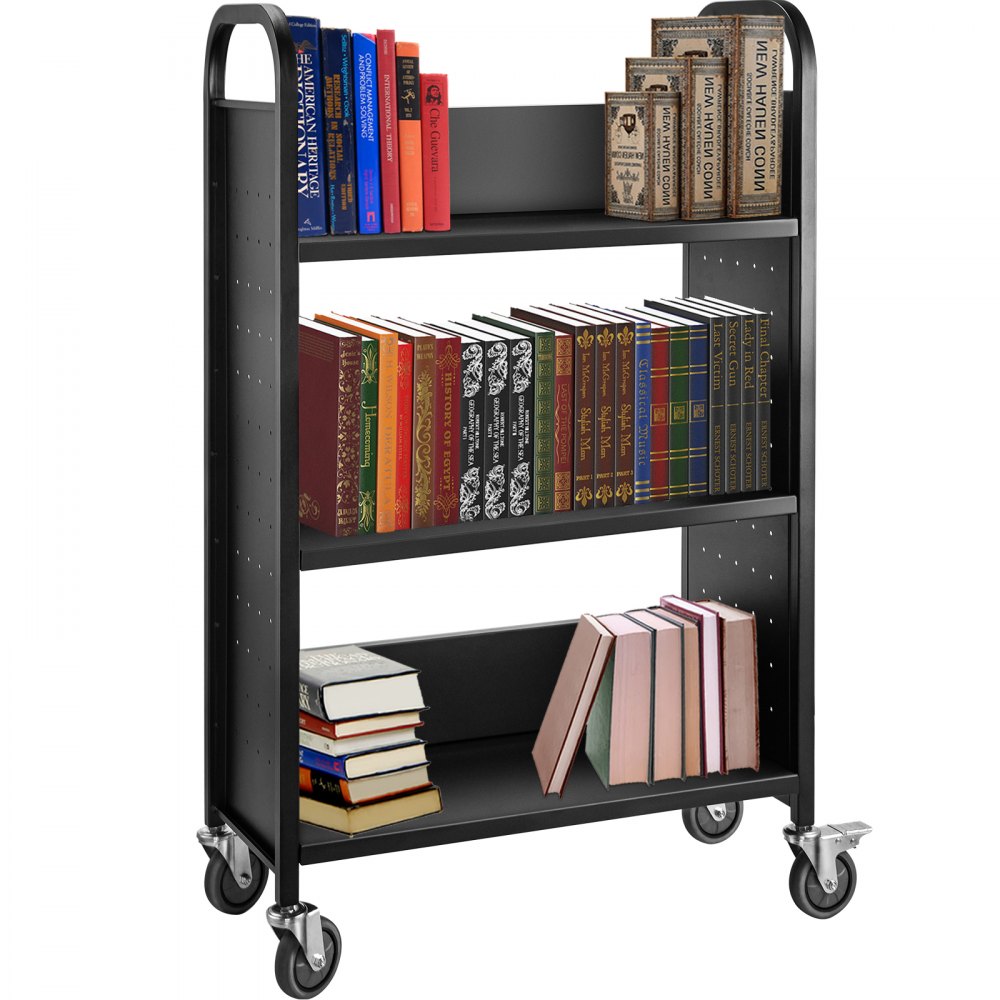 Bücherwagen, Bibliothekswagen, 200 Pfund, mit einseitigen, L-förmigen, schrägen Regalen in Schwarz