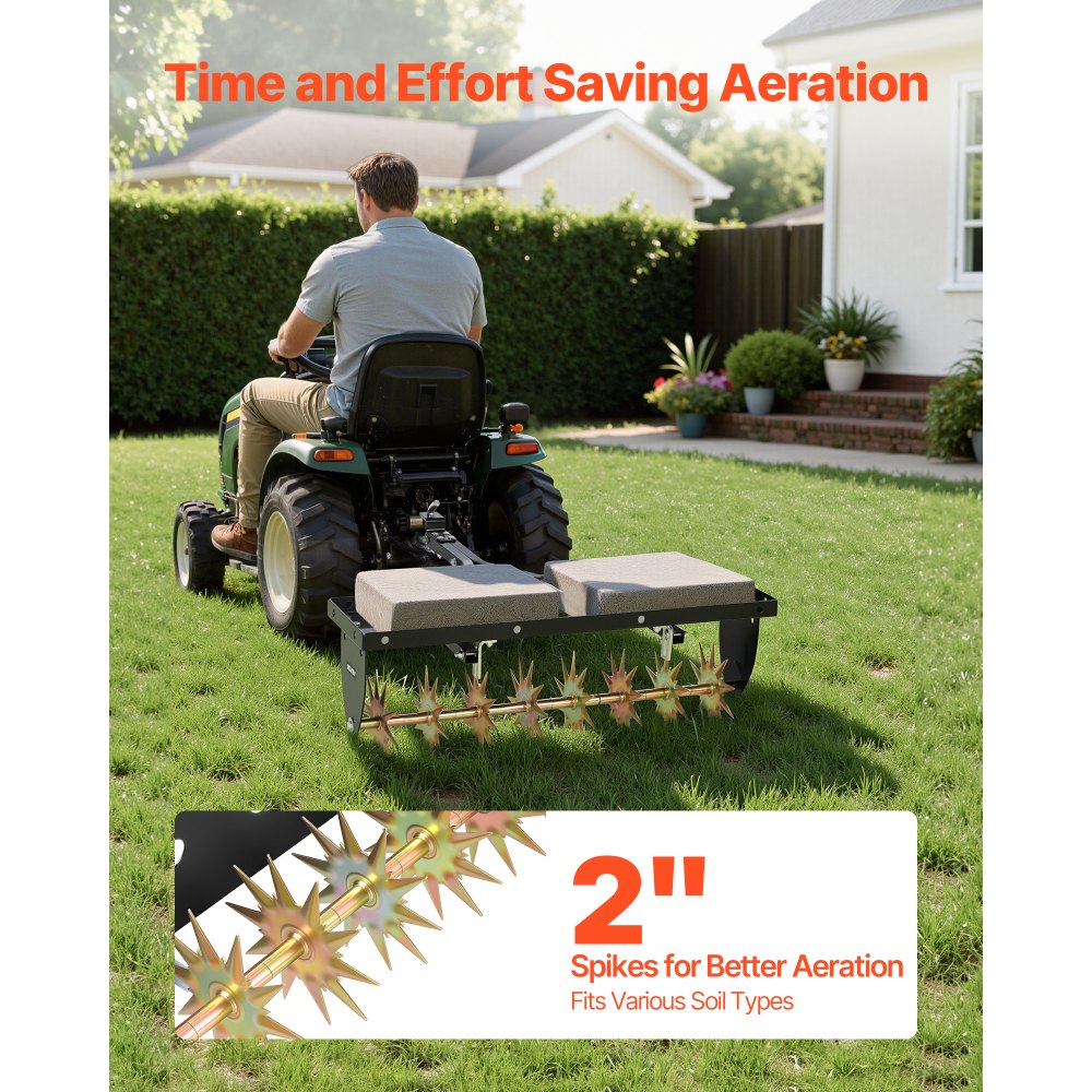 VEVOR Rasenlüfter für Aufsitzmäher 82 cm, Aerifizierer für Rasen mit 5 cm Arbeitstiefe, Rasenbelüfter 45 kg Belastbar aus Stahl für Rasentraktor, Rasenpflege für Verdichtete Böden Hof Garten, Schwarz