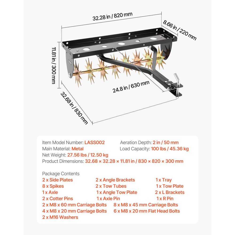 VEVOR Rasenlüfter für Aufsitzmäher 82 cm, Aerifizierer für Rasen mit 5 cm Arbeitstiefe, Rasenbelüfter 45 kg Belastbar aus Stahl für Rasentraktor, Rasenpflege für Verdichtete Böden Hof Garten, Schwarz