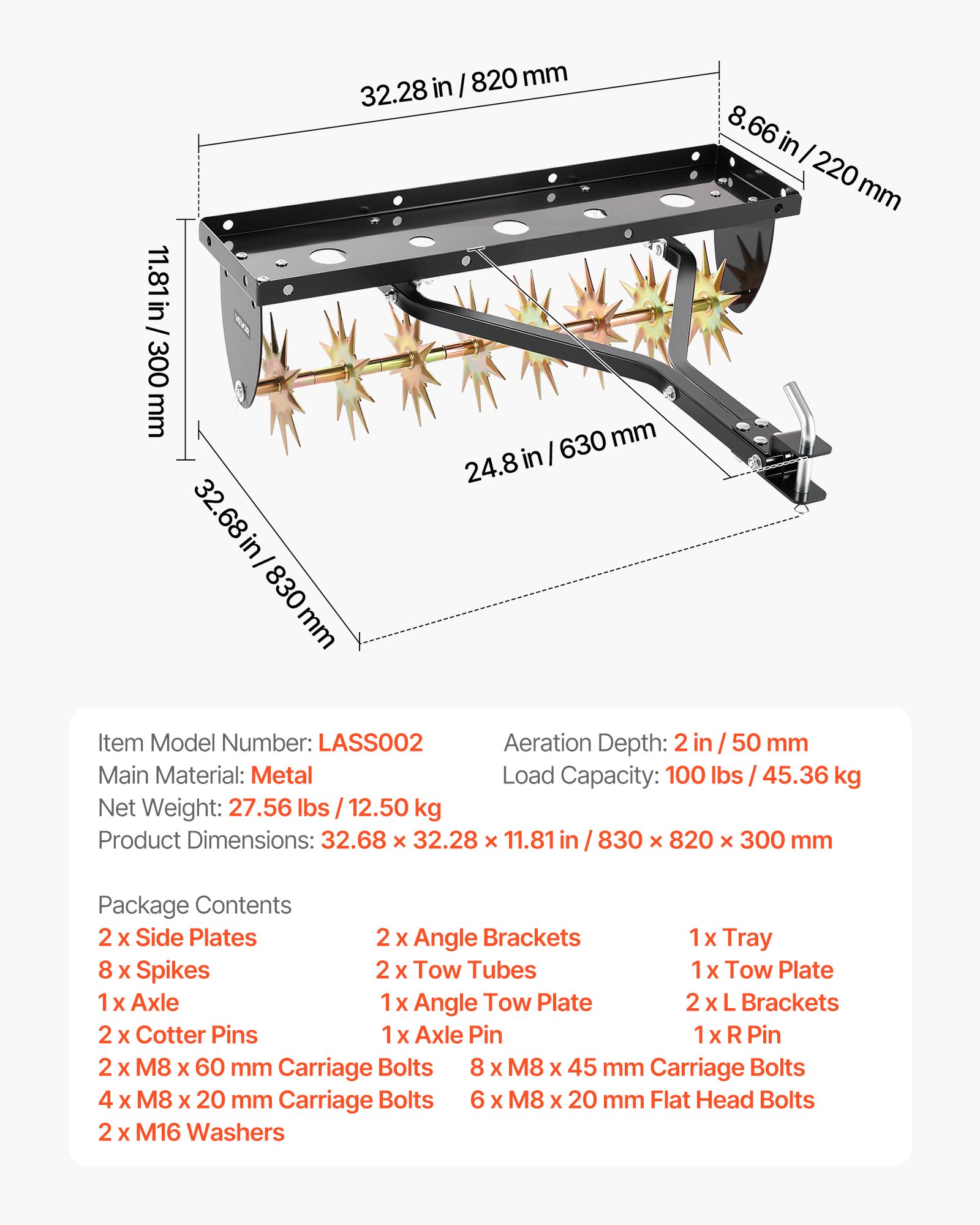 VEVOR Rasenlüfter für Aufsitzmäher 82 cm, Aerifizierer für Rasen mit 5 cm Arbeitstiefe, Rasenbelüfter 45 kg Belastbar aus Stahl für Rasentraktor, Rasenpflege für Verdichtete Böden Hof Garten, Schwarz