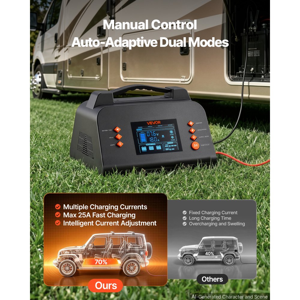 VEVOR Smart-Batterieladegerät 25 A 6/12/24 V für LiFePO4 Bleiakku Ladegerät für Pkw, Wohnmobile, Lkw und Boote, mit 7-Stufen-Laden, Pulsdesulfatierung, LCD-Anzeige & Überspannungs- und Verpolungsschutz