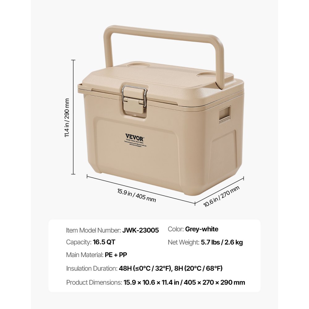 VEVOR tragbare Kühlbox Hartkühlbox (16,5 Qt) mit Eisspeicherung & robusten Griffen & Getränkehalter, isolierte tragbare Kühlbox aus stabilem Material, geeignet für Familienpicknicks und Kurztrips