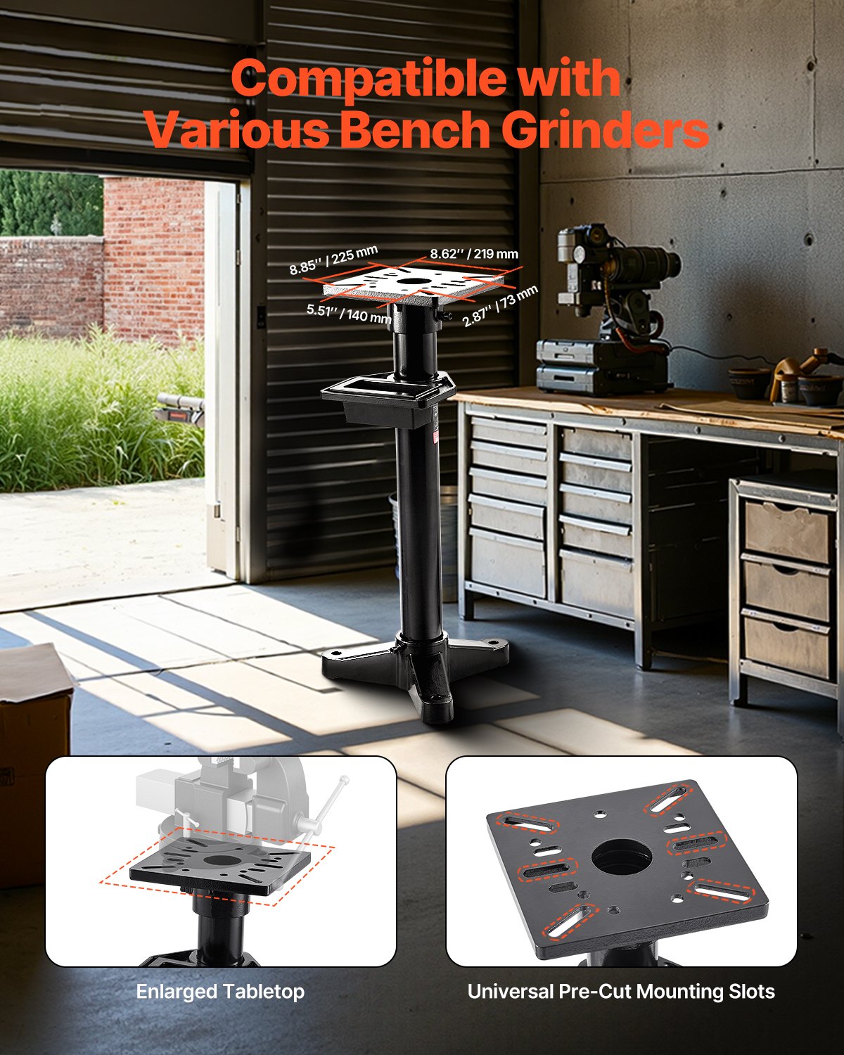 VEVOR bench grinder stand, vise base with 27x27 cm mounting plate, pre-cut mounting slots & water reservoir, compatible with most bench grinders