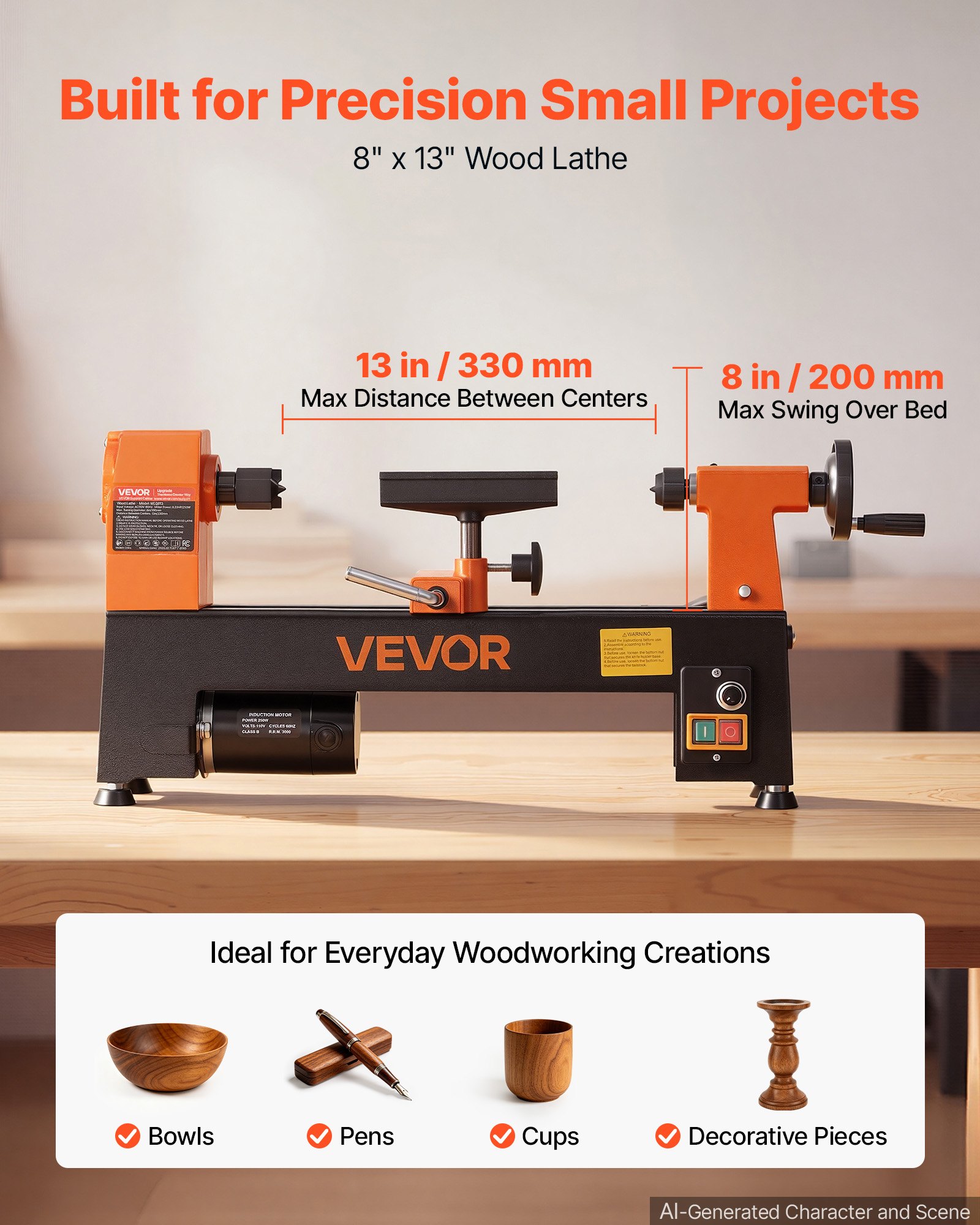 VEVOR Drechselbank 20 x 33 cm 1/3 PS Tischdrehbank für Weich- und Hartholz, Anfänger und Hobbybastler, mit Variabler Drehzahl (150 bis 3200 U/min), Überstromschutz und Zubehörset für Holzarbeiten