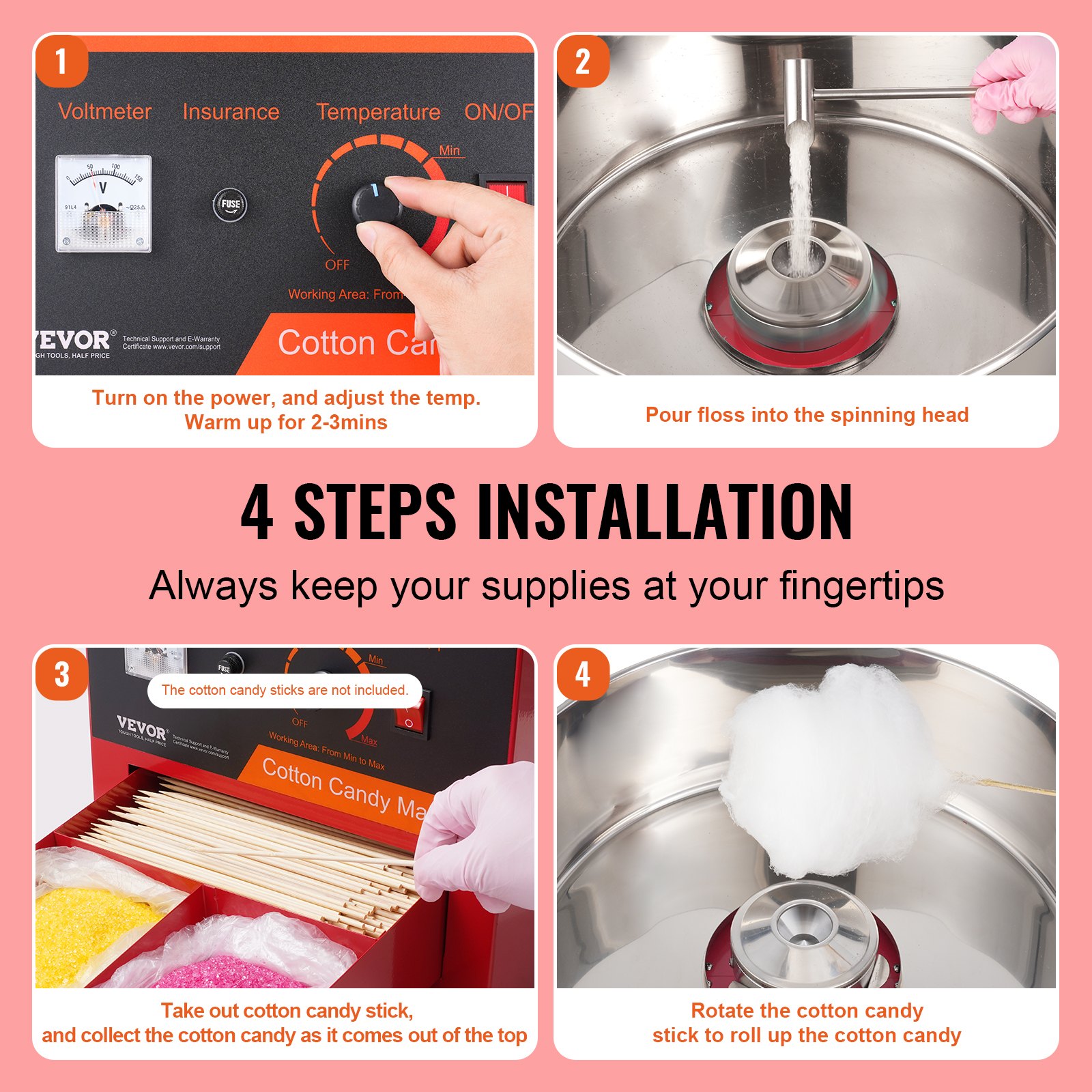 VEVOR Elektrische Zuckerwattemaschine, 1000 W Zuckerwattegeräte, Kommerzielle Zuckerwattemaschine mit Abdeckung, Edelstahlschüssel, Zuckerschaufel, Schublade, Perfekt für Familienfeiern, Rot