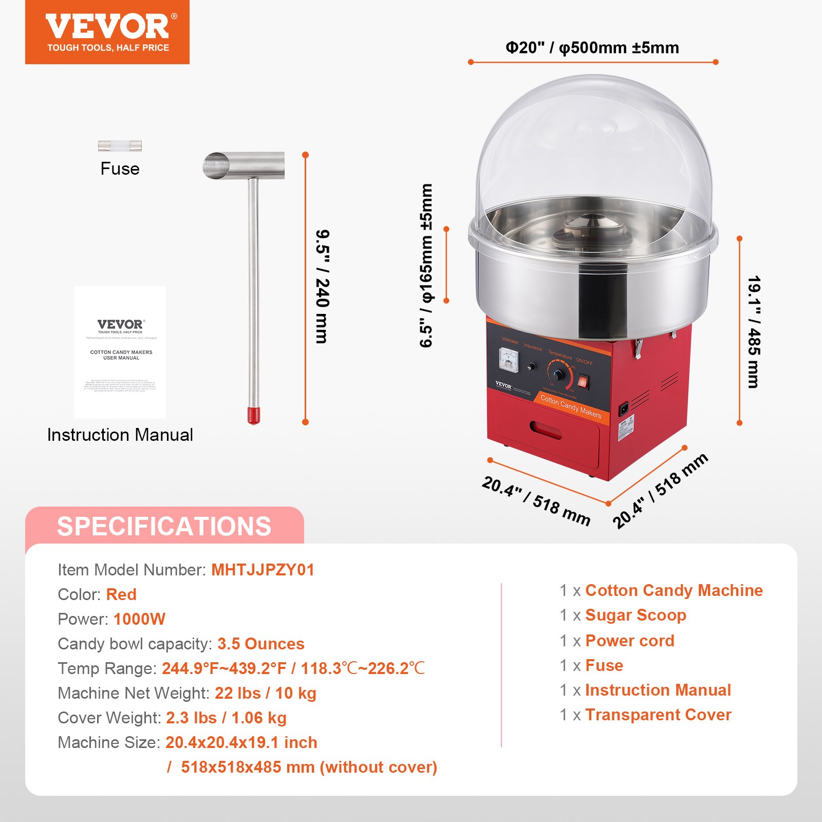 VEVOR Elektrische Zuckerwattemaschine, 1000 W Zuckerwattegeräte, Kommerzielle Zuckerwattemaschine mit Abdeckung, Edelstahlschüssel, Zuckerschaufel, Schublade, Perfekt für Familienfeiern, Rot