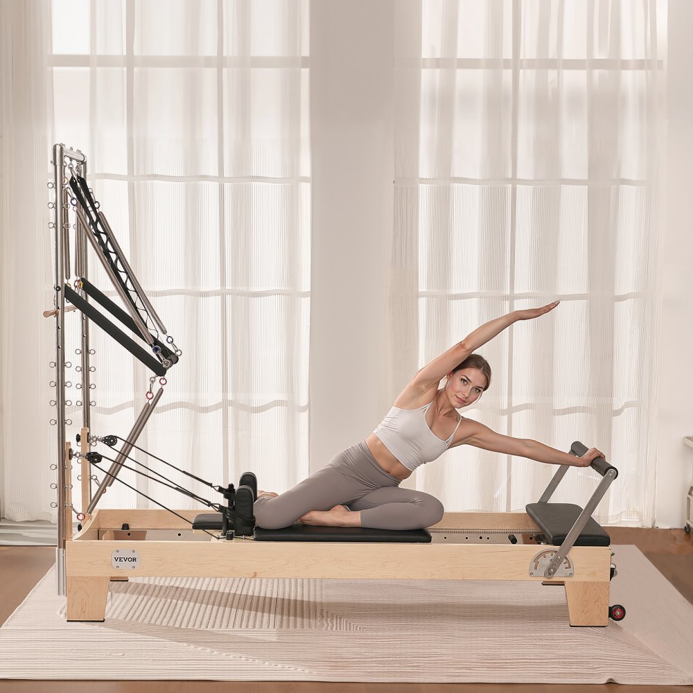 VEVOR Pilates Reformer Maschine aus Holz für Fitnessstudio zu Hause, Krafttrainingsgerät mit doppeltem Widerstand, Reformer-Box, Sprungbrett, für Fortgeschrittene und Anfänger, bis zu 181,44 kg
