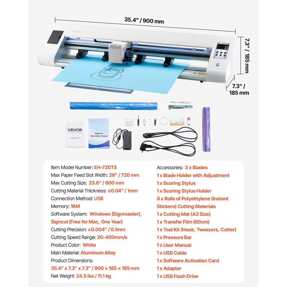 VEVOR Cutting Machine, Automatic Edge Detection Vinyl Cutter Machine with Two Types of Blades, Design Software and Materials, Compatible with Multiple File Formats, for Creating Customized DIY Crafts