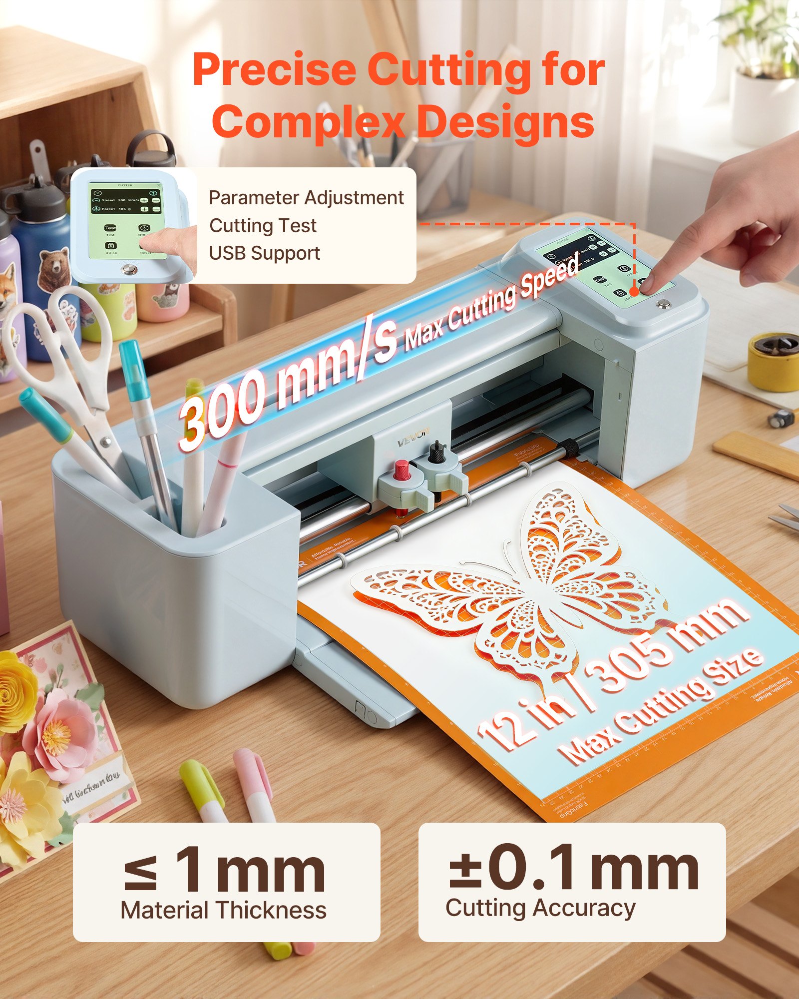 VEVOR Vinylschneidemaschine 30 cm, Schneideplotter/Plottermaschine mit Touchscreen & Material- und Werkzeugsatz, Kompatibel mit Mac/Windows/Android/iOS, für Bastelarbeiten, Karten & Wohnaccessoires