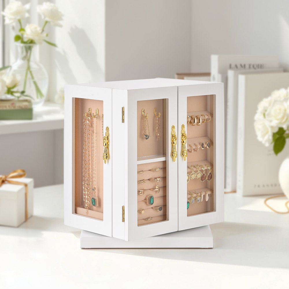 VEVOR Schmuckkästchen 360° drehbarer Schmuckkasten mit 5 Schubladen & Acrylfenster & 4 Halskettenhaken auf jeder Seite, Aufbewahrungskoffer mit Metallgriffen, Bodenpolster & weichem Samtfutter weiß