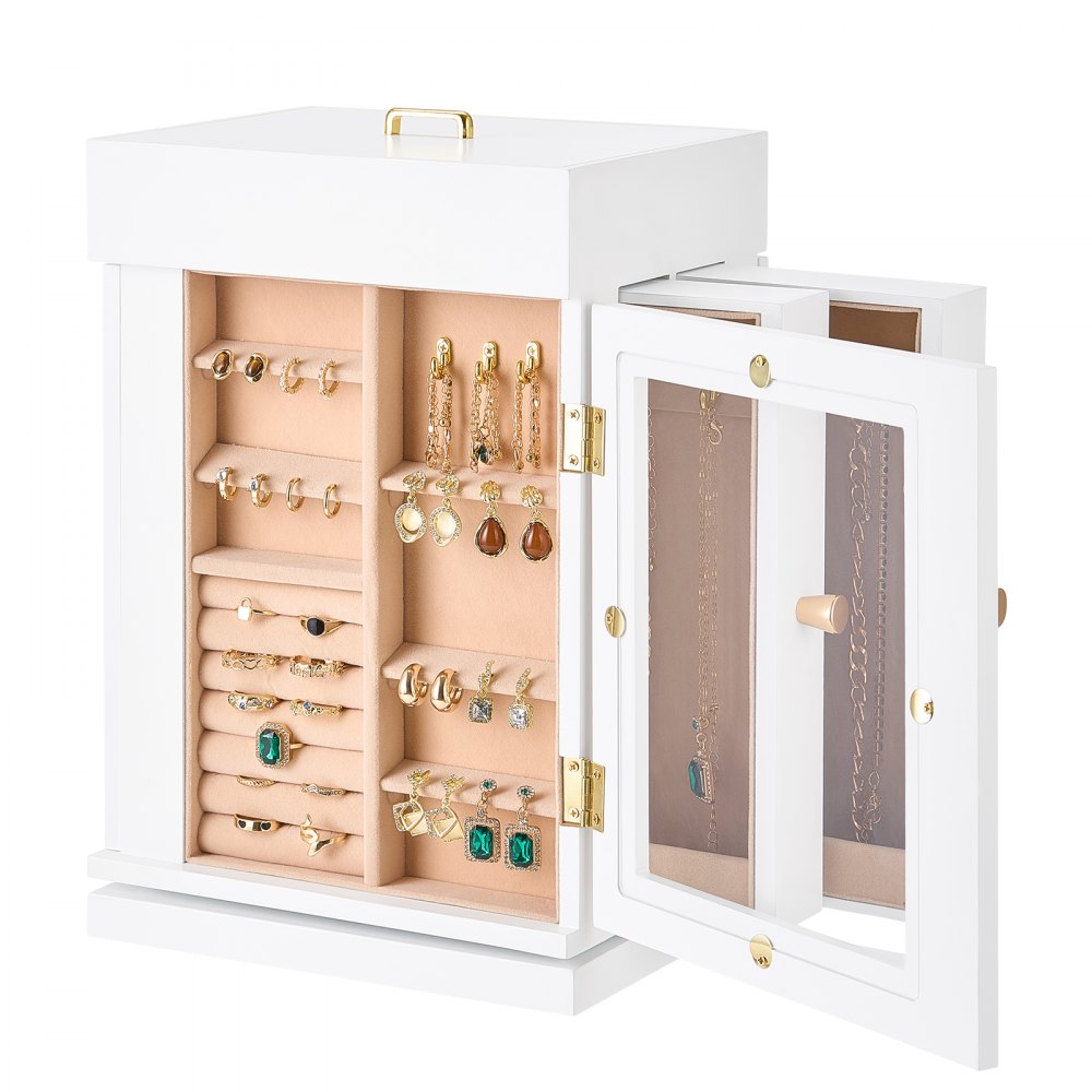 VEVOR Schmuckkästchen 360° drehbarer Schmuckkasten mit magnetischer Tür & Acrylfenster & 4 integrierten Halskettenhaken, Aufbewahrungskoffer mit Metallgriffen, Bodenpolster & weichem Samtfutter