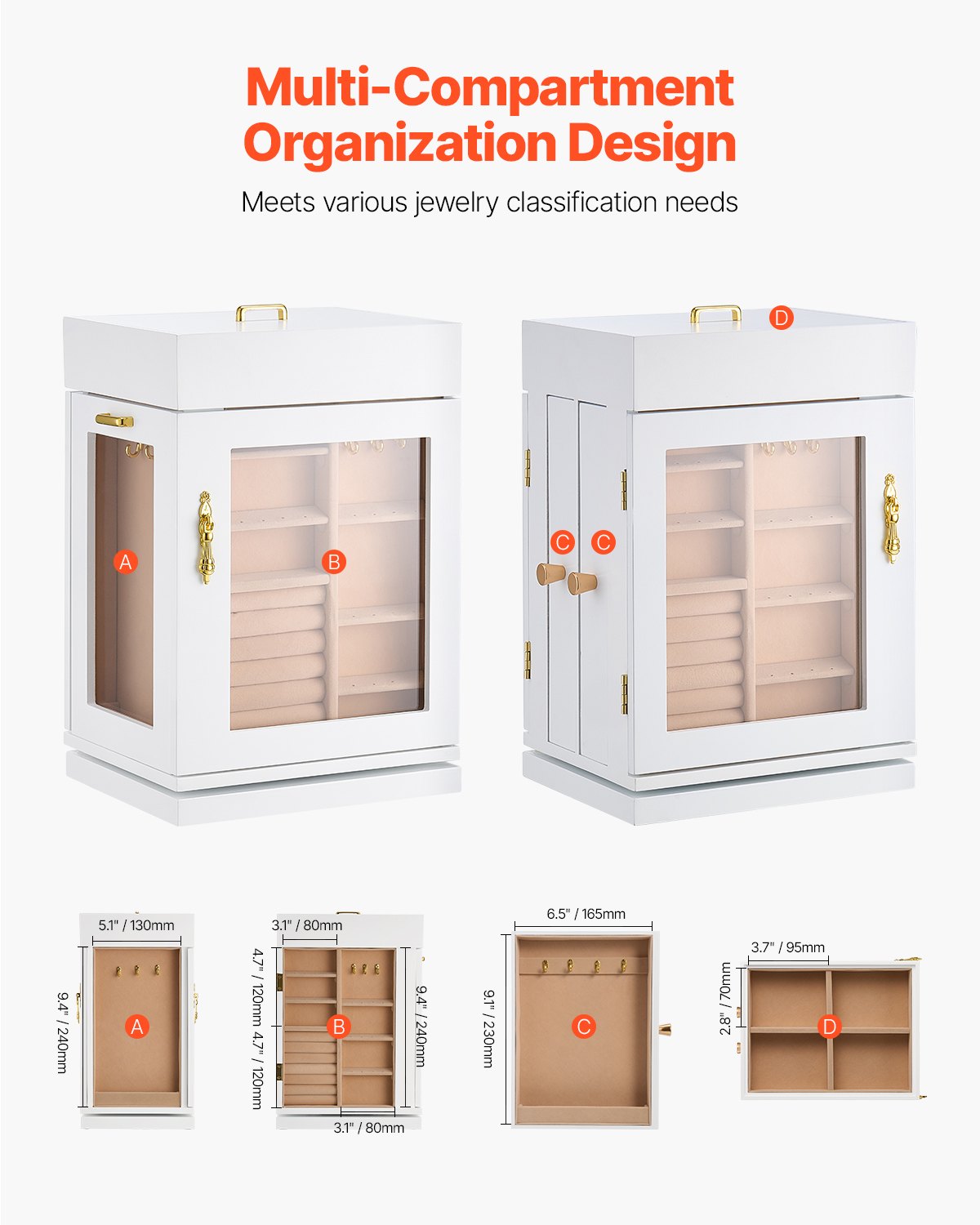 VEVOR Schmuckkästchen 360° drehbarer Schmuckkasten mit magnetischer Tür & Acrylfenster & 4 integrierten Halskettenhaken, Aufbewahrungskoffer mit Metallgriffen, Bodenpolster & weichem Samtfutter