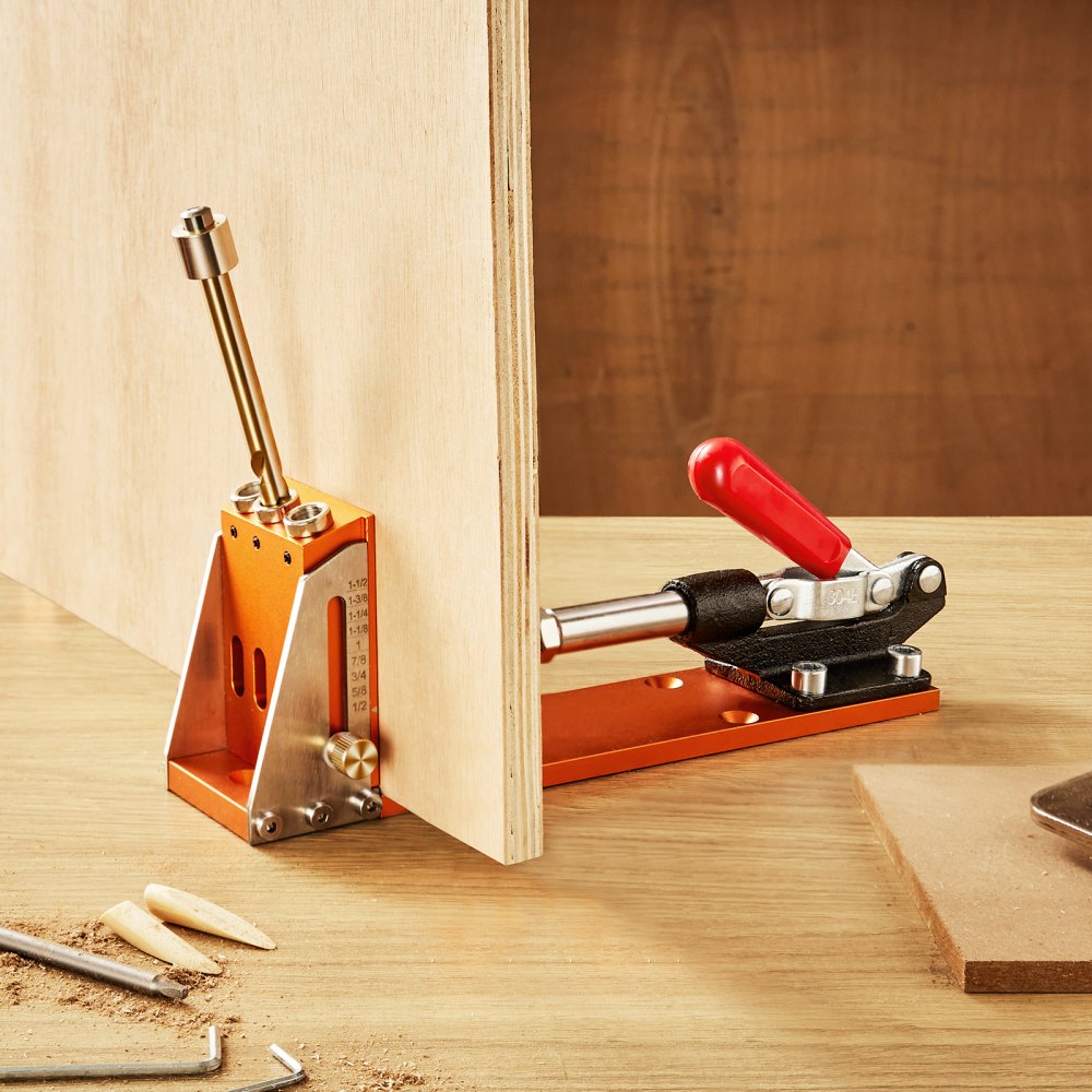 VEVOR Pocket Hole Jig Kit Dreitaschenloch mit Schraubenschlüssel & Vierkantantriebsbits, Dübelhilfe Bohrlehre zum Bohren von Taschenlöchern und Schräglöchern, Bohrhilfe für Holzbearbeitung Alu.