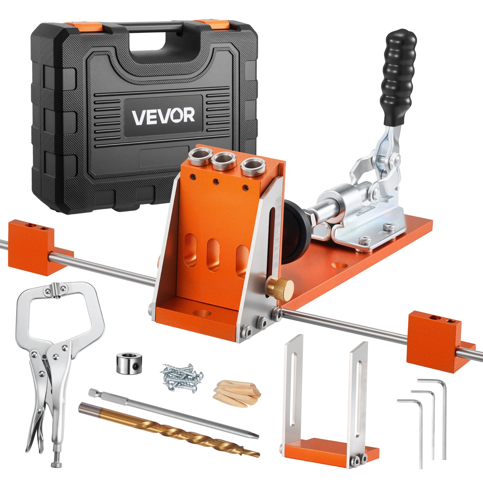 VEVOR Pocket Hole Jig Kit Taschenloch-Vorrichtungssatz 12,7-38,1 mm, Vorrichtungs-Taschenlochsystem mit Werkzeugkoffer C-Klemme Stufenbohrer Sechskantschlüssel Bohrstoppring Vierkant-Antriebsbit
