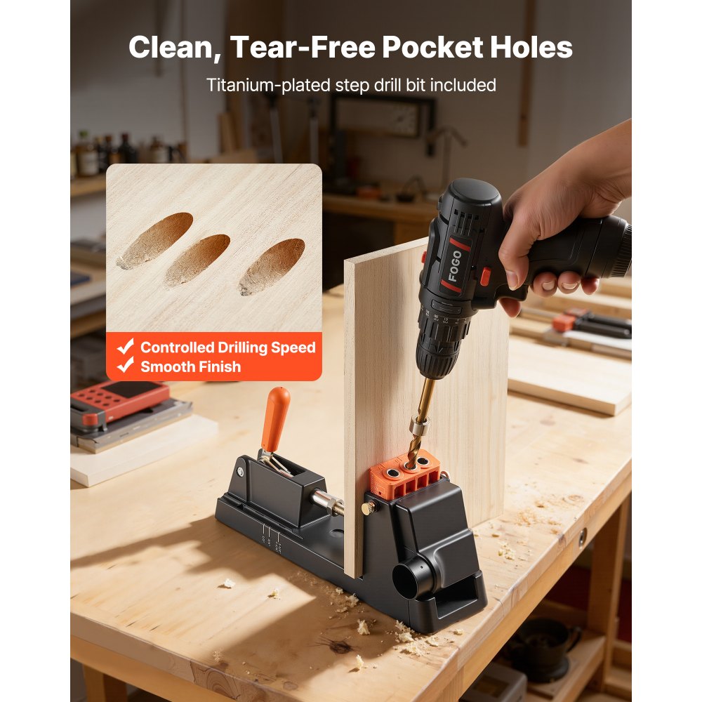 VEVOR Pocket Hole Jig, 12,7 bis 38,1mm, Schrägloch Positionierer, Taschenlochbohrlehren-Set mit Staubabsaugungsadapter, Abnehmbarem Führungsblock, Bohrer, Anschlagring, für Holzbearbeitung