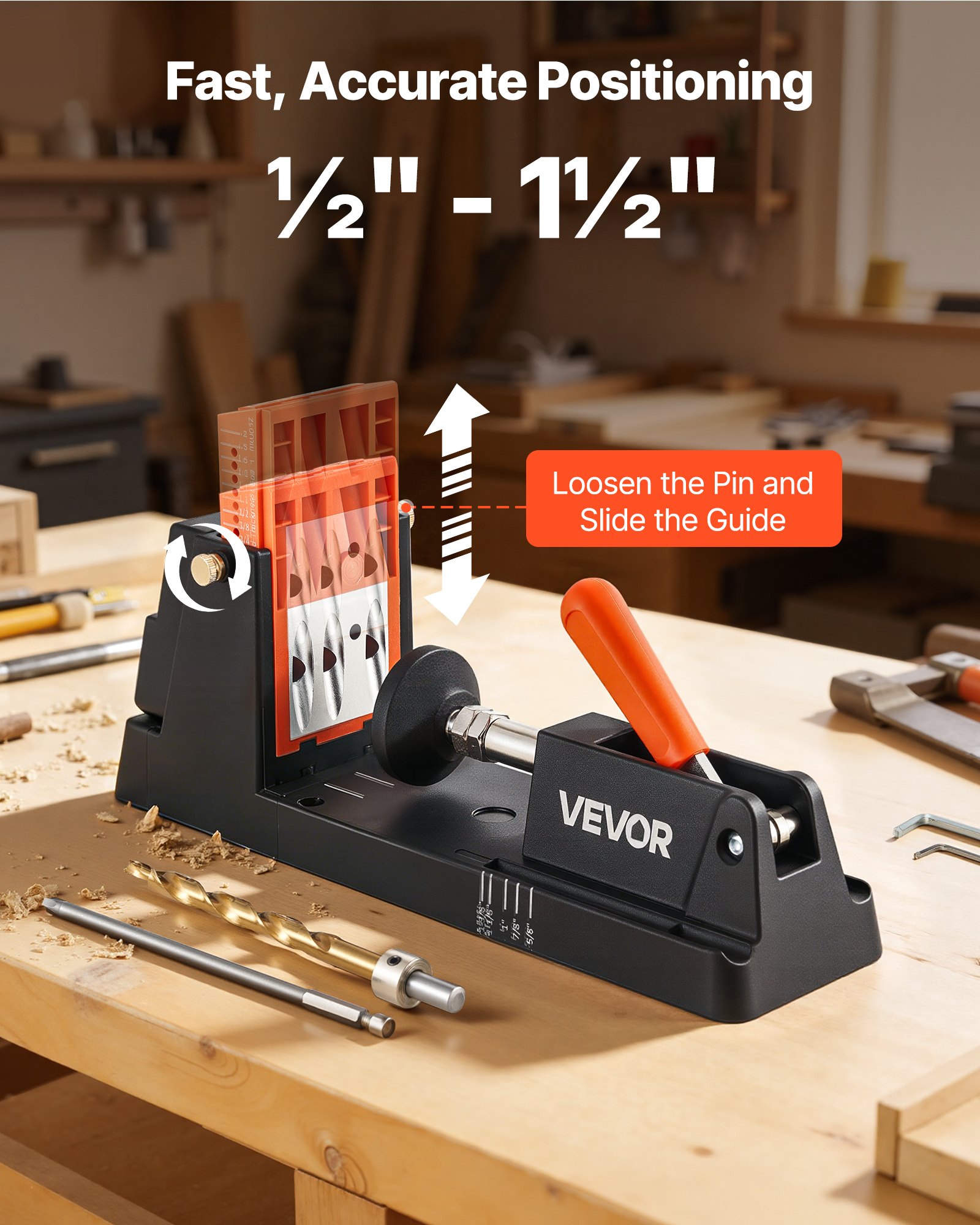 VEVOR Pocket Hole Jig, 12,7 bis 38,1mm, Schrägloch Positionierer, Taschenlochbohrlehren-Set mit Staubabsaugungsadapter, Abnehmbarem Führungsblock, Bohrer, Anschlagring, für Holzbearbeitung