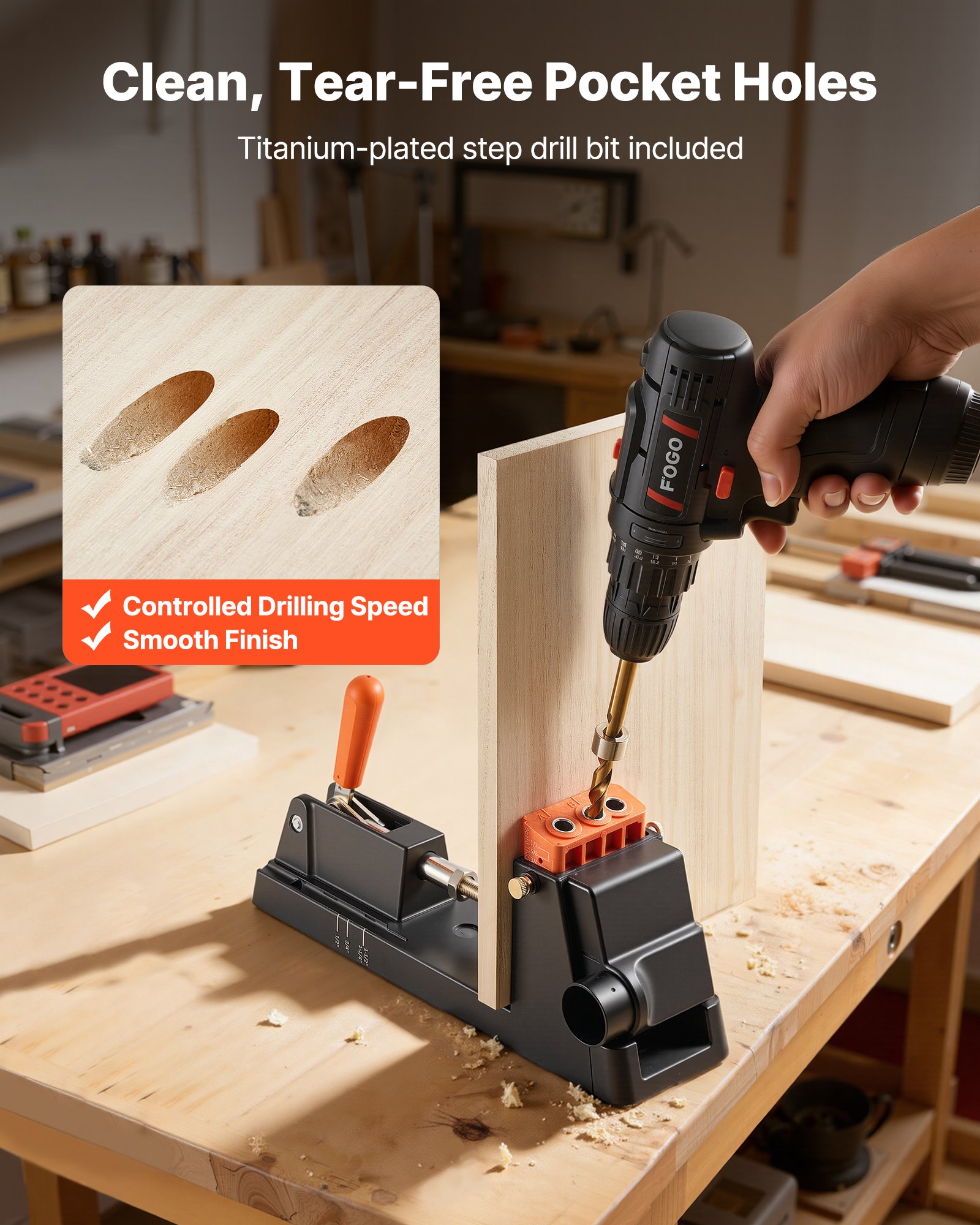 VEVOR Pocket Hole Jig, 12,7 bis 38,1mm, Schrägloch Positionierer, Taschenlochbohrlehren-Set mit Staubabsaugungsadapter, Abnehmbarem Führungsblock, Bohrer, Anschlagring, für Holzbearbeitung