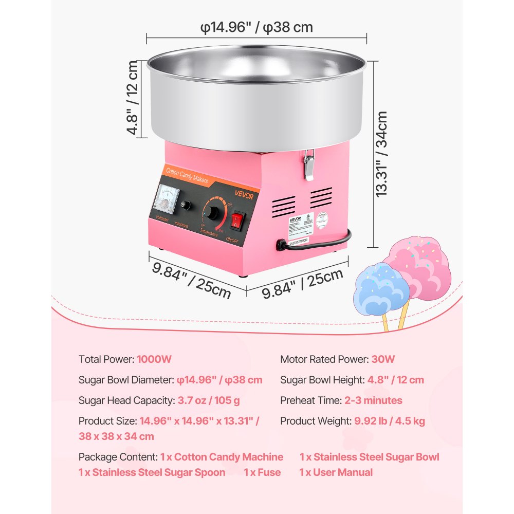 VEVOR Zuckerwattemaschine 1000 W elektrische Zuckerwattegeräte mit 38 cm Edelstahlschüssel und Zuckerlöffel, macht Zuckerwatten für Geburtstage zu Hause Familienfeiern, 3500 U/min Pink