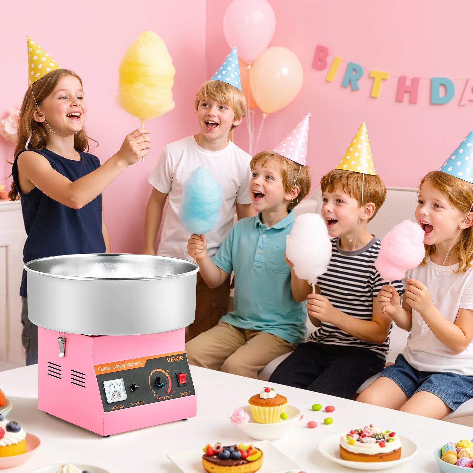 VEVOR Zuckerwattemaschine 1000 W elektrische Zuckerwattegeräte mit 38 cm Edelstahlschüssel und Zuckerlöffel, macht Zuckerwatten für Geburtstage zu Hause Familienfeiern, 3500 U/min Pink