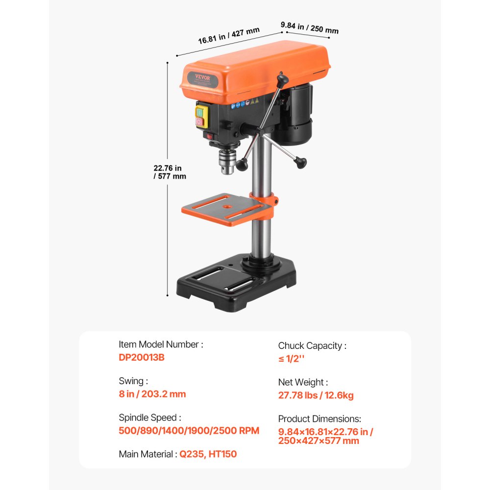 VEVOR 203mm Tischbohrmaschine, 500 W Induktionsmotor, Tischbohrmaschine mit 550/950/1450/1950/2500 U/min einstellbarer Geschwindigkeit, 0-45° neigbarer Arbeitstisch, LED-Arbeitsleuchte, für Holzmetall