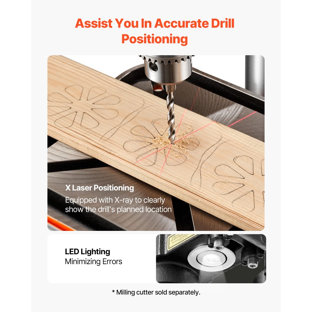 VEVOR Tischbohrmaschine 305 mm, Standbohrmaschine 550 W, Säulenbohrmaschine mit Drehzahlregelung 340–2200 U/min, Neigbarer Tisch 45°, Laser & LED, Bohrmaschine für Holz- & Metallbearbeitung