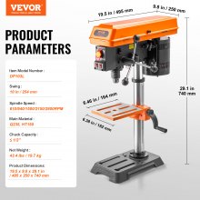 VEVOR Tischbohrmaschine 254mm 10-Zoll, 6,2 A Induktionsmotor, 550 W Maximale Leistung, Tischbohrmaschine mit 510/780 / 1300/1820 / 2430 U/min Variable 5-Gang-Steuerung, 0-45° Neigbarer Arbeitstisch