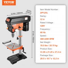 VEVOR 750W Tischbohrmaschine, 440–2580 U/min Stufenlose Geschwindigkeitseinstellung Bohrmaschine Mit 0–45 ° Neigbarem Arbeitstisch, 12 Zoll Schwenkbereich, Led-arbeitsleuchte, Röntgenpositionierung